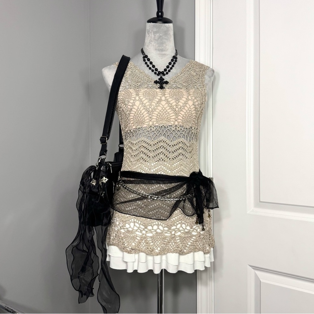 Y2K V Cristina Shimmery Gold Patterned Crochet Tank Top Dress